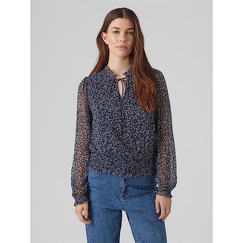 VERO MODA Damska bluzka Vmmilla Ls Smock Top WVN Ga Noos, Navy Blazer/Aop: ditsy Flower, M
