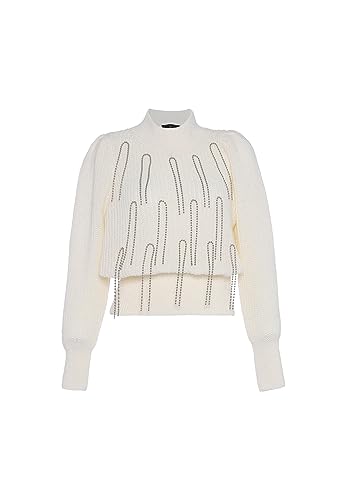 faina Damski sweter z okrągłym dekoltem i łańcuszkiem z cekinami Wełnowo-biały, rozmiar M/L, biały (wollweiss), XL