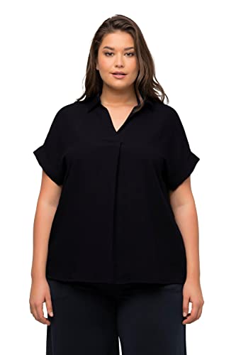 Ulla Popken 792090 damska bluzka duże rozmiary plus size, guziki na plecach, oversize, ozdobna fałda, półrękaw, ciemny morski, 42-44