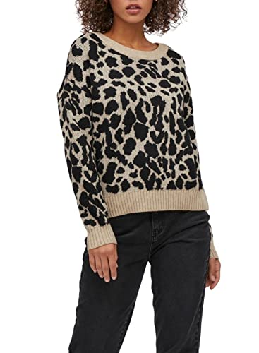 Vila Women's VIRIL FEAMI sweter z okrągłym dekoltem L/S Knit TOP-NOOS, naturalny melanż/detale: czarny, M, Naturalny melanż/szczegóły: z czarnym, M