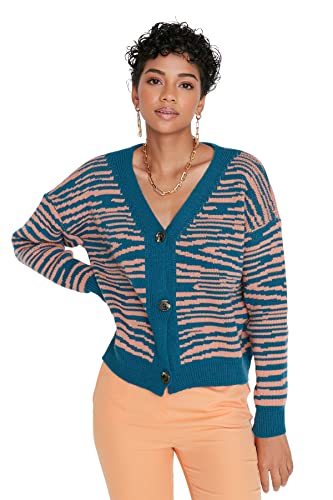 Trendyol Damski sweter rozpinany z dekoltem w serek z nadrukiem zwierzęcym, turkusowy, S, Niebieskozielony, S