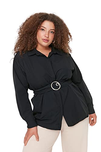 TRENDYOL Damska koszula damska o regularnym kroju z kołnierzem, tkana plus size, czarny, 48