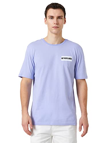 Koton Męski T-shirt z nadrukiem Crew Neck Short Sleeve, Fioletowy (370), M