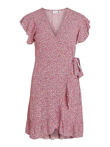 Vila Damska sukienka Vifini Wrap S/S Short Dress-Noos, Pink Yarrow/Aop: alini, 42