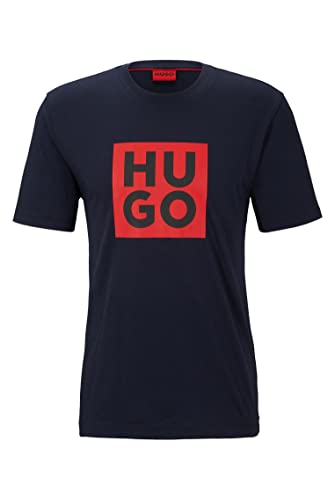 HUGO Męski T-shirt Daltor z bawełny ekologicznej z nadrukiem logo, Dark Blue405, L