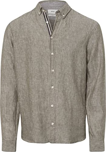 BRAX Męska koszula lniana Dirk U AIRWASHED lniana koszula w stylu lniana, oliwkowa, L, oliwkowy, L