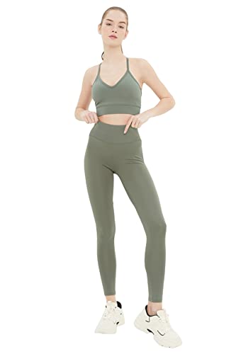 Trendyol Damskie spodnie do jogi w kolorze khaki push-up wyróżnione sportowe rajstopy, Khaki, M