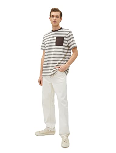 Koton Koszulka męska Crew Neck Tissued Pocket Detailed Short Sleeve, Brązowy pasek (5s1), XXL