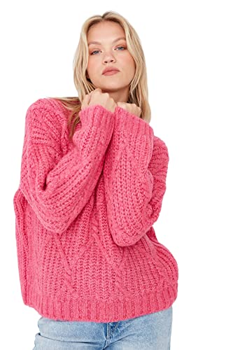 Trendyol Damska bluza z okrągłym dekoltem, jednokolorowa, oversize, sweter, fuksja, M