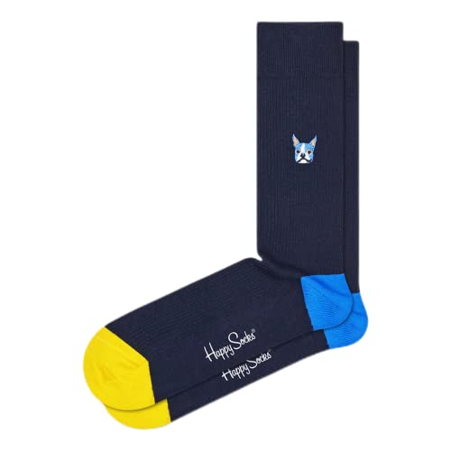Happy Socks Ribbed Embroidery Dog Sock, kolorowe i zabawne, Skarpety dla kobiet i mężczyzn, Niebieski (41-46)