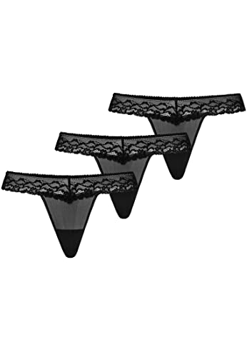 Teyli Damskie stringi tanga z siatki z koronką, 3 sztuki w opakowaniu, czarny, L