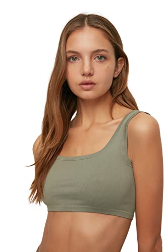 Trendyol Damski sportowy biustonosz sportowy z kwadratowym kołnierzem, Khaki, XS