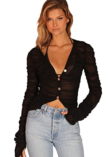 OW COLLECTION Damska koszula z guzikami na dole, czarny, XS