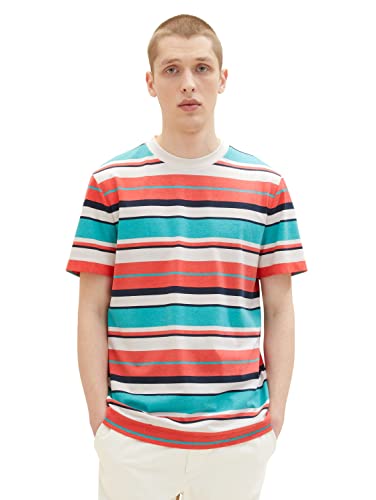 TOM TAILOR Denim T-shirt męski z nadrukiem w paski, 31935 – czerwone mieszane, grube cienkie paski, XS