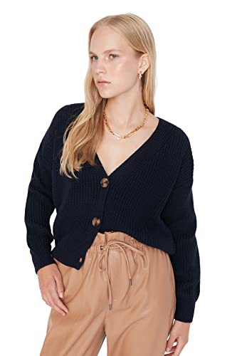 Trendyol Damski regularny kardigan z dzianiny z dekoltem w serek, granatowy, L