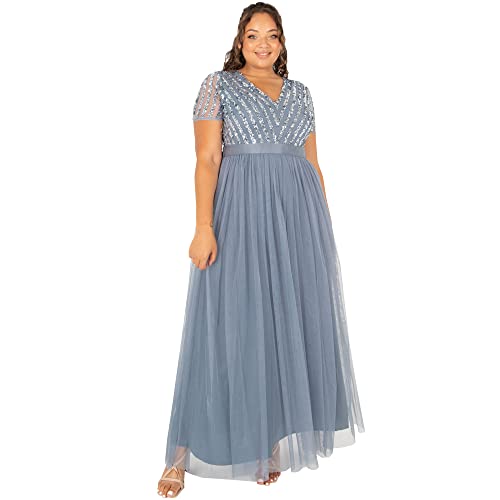 Maya Deluxe Damska sukienka maxi, dekolt w serek, plus size, z krótkim rękawem, elegancka sukienka dla panny młodej, Dusty Blue, 56