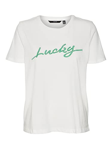 VERO MODA Women's VMROJAOLLY SS TOP Box JRS T-Shirt, Snow White/Print:Lucky, L, Snow White/Print: lucky, L