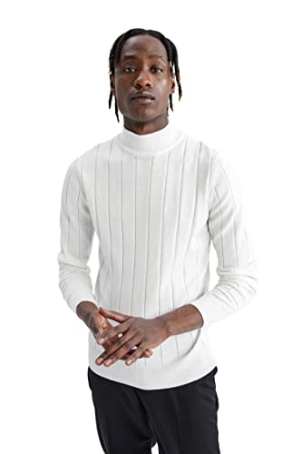 DeFacto Męski sweter z dzianiny z długim rękawem okrągły dekolt - slim fit sweter dla mężczyzn topy (Off White, S), Off White, S