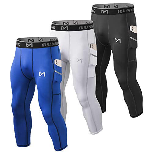 MEETYOO Legginsy męskie, sportowe rajstopy kompresyjne szybkoschnące warstwa bazowa spodnie treningowe do biegania jazdy na rowerze treningu siłowni, Czarny + biały + niebieski 01, L