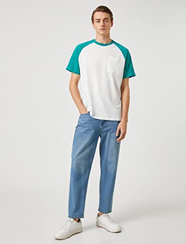 Koton Męski T-shirt z kieszeniami, z okrągłym dekoltem i krótkim rękawem, Zielony (787), M
