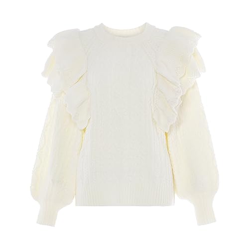 faina Damski sweter z dzianiny z okrągłym dekoltem i rękawami balonowymi i falbankami, wełniany, biały, rozmiar XL/XXL, biały (wollweiss), XL