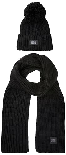 UGG Damska dzianinowa czapka typu beanie W pompon i szalik, czarna, O/S, Czarny, Rozmiar uniwersalny