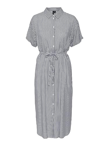 VERO MODA Sukienka damska VMBUMPY SS Calf Shirt Dress NOOS, Snow White/Stripes: India Ink, S, Snow White/Stripes:India Ink, S