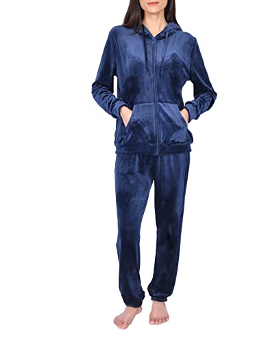 Sleepdown Damski damski welurowy dres treningowy 2-częściowy top i dół biegacze miękki przytulny codzienny trening salon zestaw, granatowy, XL