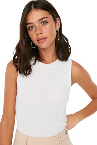 TRENDYOL Damska bluzka slim fit, okrągły dekolt, trykot, écru, S