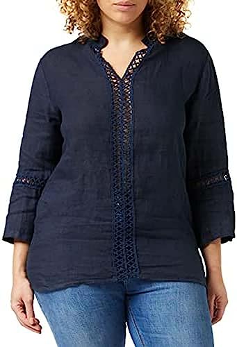 Bonateks, Tunezyjska tunika z kołnierzem z koronką i rękawami 3/4, 100% len, rozmiar DE:40, rozmiar US:XL, topy, granatowe - wyprodukowano we Włoszech, niebieski, 40
