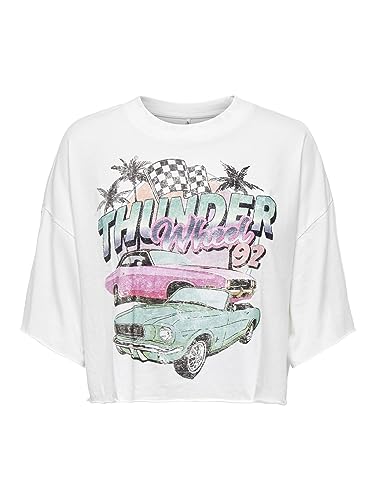 ONLY Women's ONLLUCY Boxy Crop S/S Race TOP Box JRS T-Shirt, Cloud Dancer/Print:Thunder, L, Cloud Dancer/Print:thunder, L