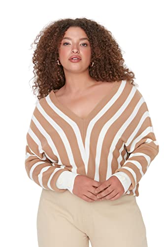 Trendyol Damski sweter z dzianiny plus size z dekoltem w serek plus size, Wielbłądzi, 5XL