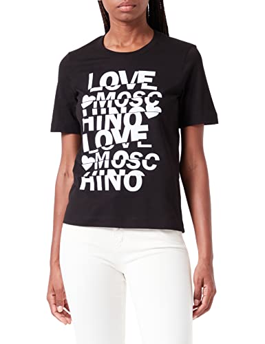 Love Moschino Damska koszulka o regularnym kroju z krótkim rękawem z brokatowym krojem, czarny, 48