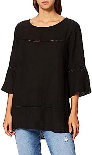Bonateks, Tunika z okrągłym kołnierzem, wstawką koronkową i falbankami, 100% len, rozmiar DE:36, rozmiar US:M, topy, czarna - wyprodukowano we Włoszech, czarny, 36