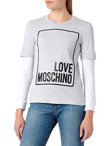 Love Moschino Damska koszulka o regularnym kroju z długim rękawem z logo Box Design, Szary, czarny, biały, 42