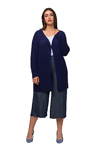 Ulla Popken, Damski, duże rozmiary, kardigan, przędza tasiemkowa, dekolt w serek, guzik ozdobny, indygo, 50/52