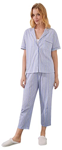 Women'secret Piżama Koszula Męska 100% Bawełna Capri Paski Niebieski, Niebieski Nadruk, XS