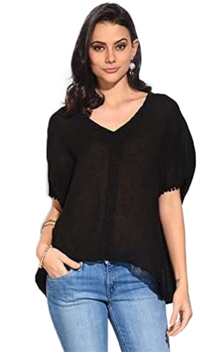 Bonateks, Półprzezroczysty top z dekoltem w serek i koronką w języku angielskim, 100% len, rozmiar DE:40, rozmiar US:XL, topy, czarny - wyprodukowano we Włoszech, czarny, 40