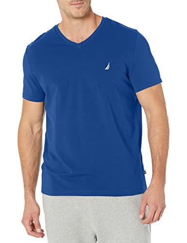 Nautica Męski T-shirt z krótkim rękawem Solid Fit z dekoltem w serek, królewski błękit, S