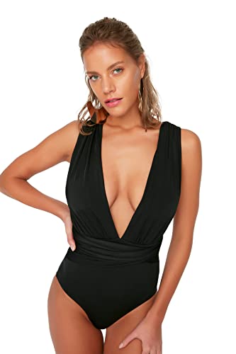 Trendyol Women's Deep V Decollted kostium kąpielowy One Piece Swimsuit, czarny, 40