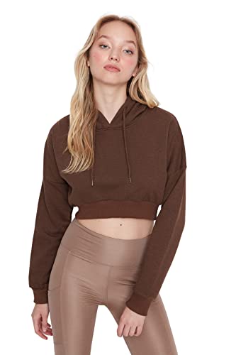 Trendyol Damska bluza z kapturem, jednokolorowa, dopasowana, Brązowy, M