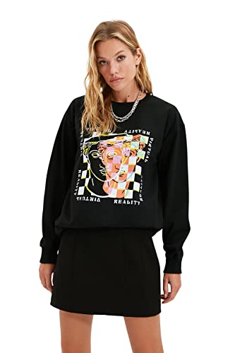 Trendyol Damska bluza z czarnym nadrukiem, krój slim sweter, XS