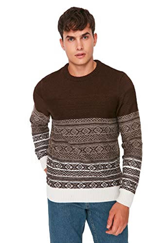 Trendyol Męska bluza z okrągłym dekoltem geometryczny wzór regularny sweter bluza, Brązowy, M