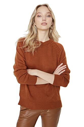 Trendyol Damska bluza z okrągłym dekoltem z dzianiny regularna bluza, Wielbłądzi, S