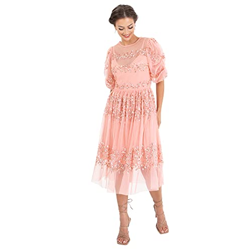 Maya Deluxe Damska sukienka Midi Ladies Sequin Embellished Short Sleeve Dress for Wedding Guest Bridesmaid Balowa Evening Occasion sukienka, Apricot Blush, 36