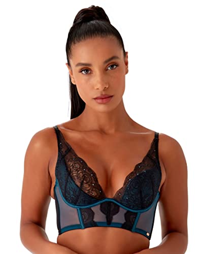 Gossard Damski biustonosz VIP Confession Longline Plunge, Czarny/niebieskozielony, 70D