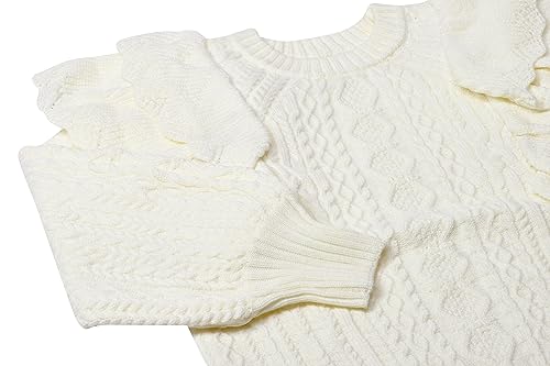 faina Damski sweter z dzianiny z okrągłym wycięciem pod szyją i rękawami balonowymi i falbankami, wełniany biały, rozmiar XS/S, biały (wollweiss), XS