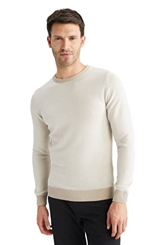 DeFacto Męski sweter z dzianiny z długim rękawem okrągły dekolt - slim fit sweter dla mężczyzn topy (kamień, M), Stone, M