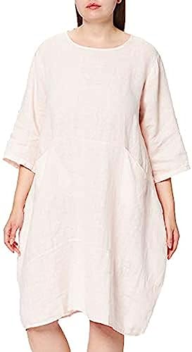 Bonateks, Lejąca sukienka o średniej długości, okrągłym kołnierzu, długimi, zapinanymi rękawami i kieszeniami, 100% len, rozmiar DE: 40 rozmiar US: L, satyna - wyprodukowano we Włoszech, Rosa, 40