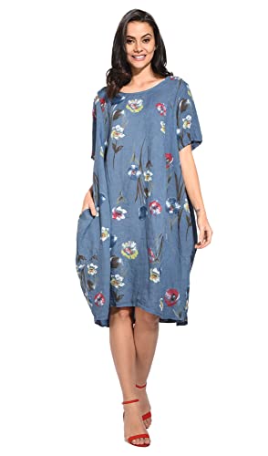 Bonateks damska sukienka 100% lniana wyprodukowana we Włoszech, długa sukienka z okrągłym dekoltem, granatowa, rozmiar: XL, granatowy, XL